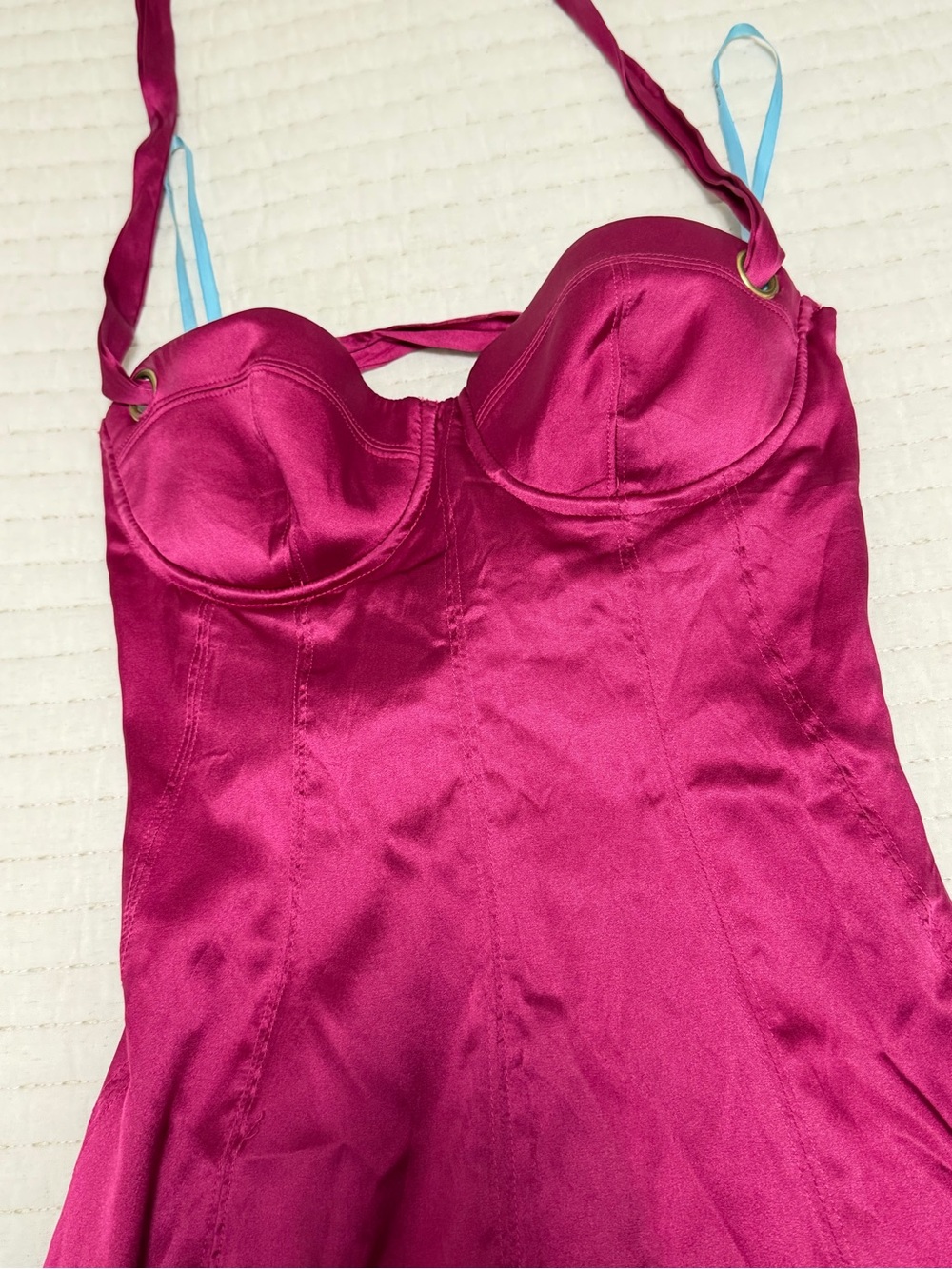 Marciano Satin Bustier Halter Midi Dress in Fuchsia - Picture 2 of 4